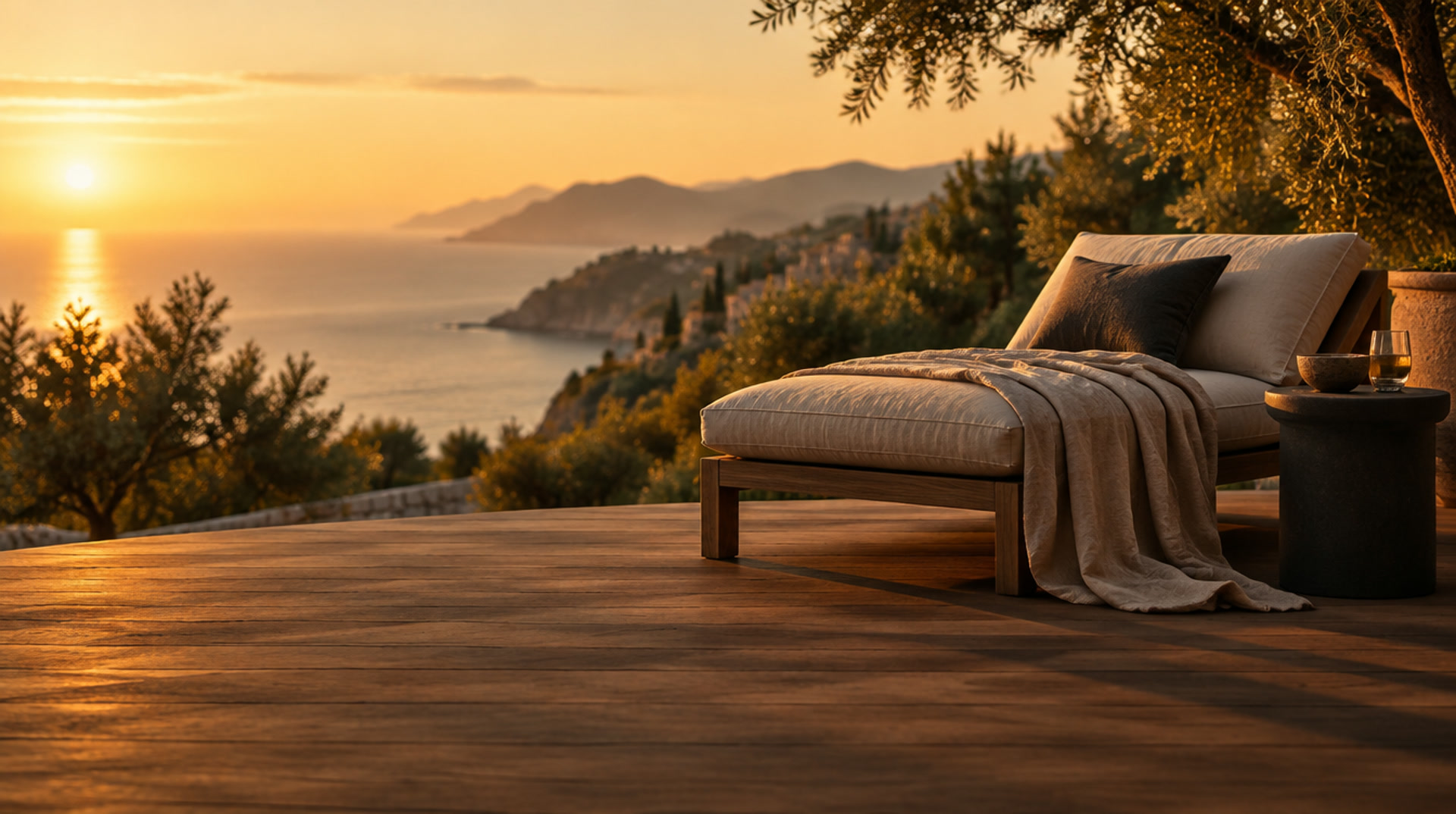Tumbona junto a una terraza con vistas al mar Mediterráneo al atardecer