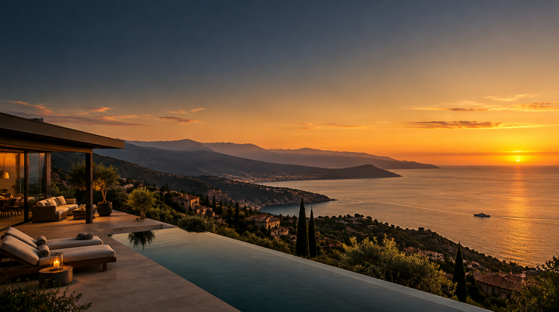 Vista elevada de la costa mediterránea al atardecer desde una terraza
