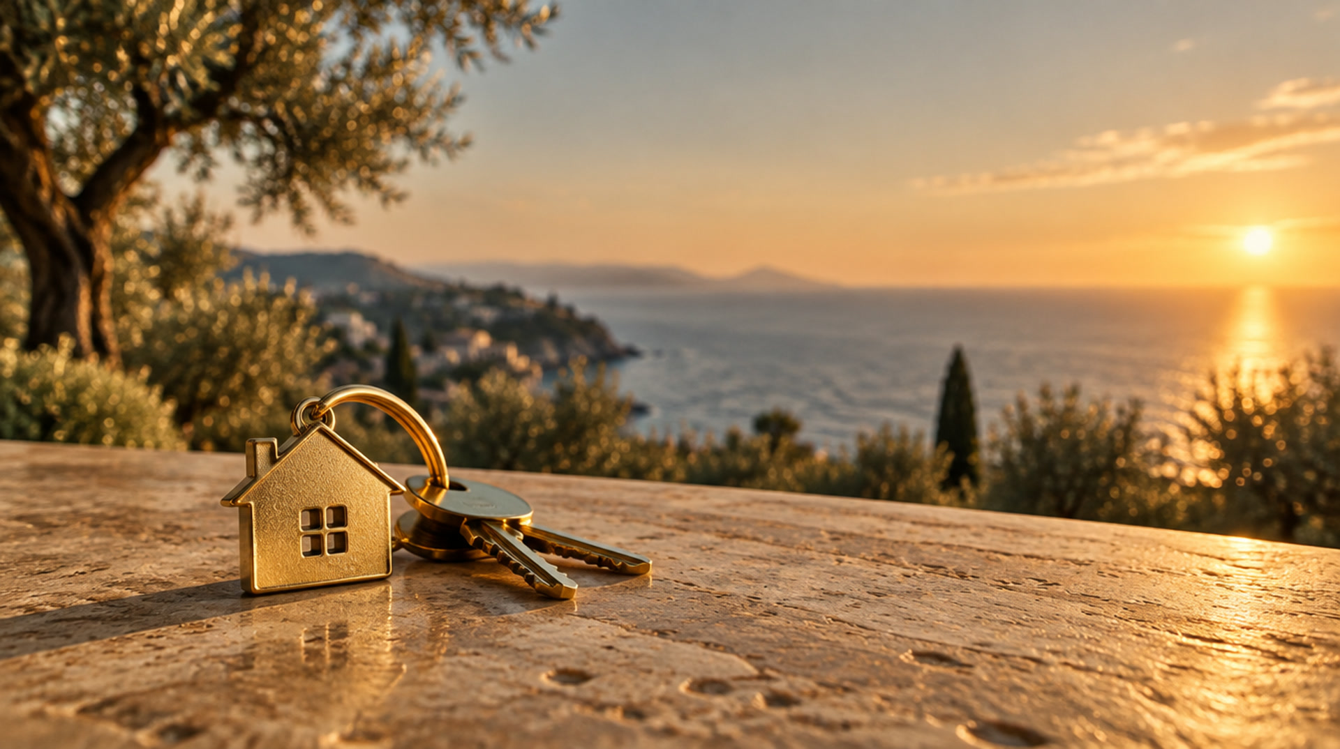 Llaves de una vivienda sobre una mesa de piedra al atardecer, con vistas a la costa